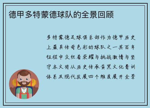 德甲多特蒙德球队的全景回顾